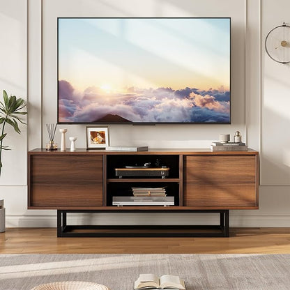 HAIOOU TV Stand for 50 55 Inch TV, Modern TV Console Small Entertainment Center with Sturdy Metal Base, Push-to-Open Doors and Soft-Close Hinges for Living Room, Bedroom - Walnut Brown