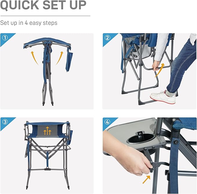 EVER ADVANCED Portable 30.7" Seat Height Tall Folding Chair Directors Chair High Foldable Bar Stool with Side Table for Makeup Artist, Camping, Sports Event, Craft Show, Supports 350LBS Blue Grey