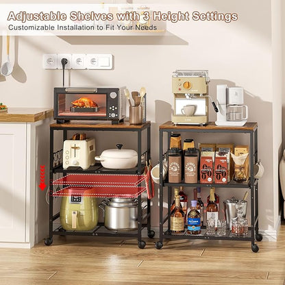 Microwave Cart with Adjustable Drawer Slider Shelves, 3 Tier Rolling Kitchen Microwave Stand with Storage, Small Kitchen Utility Cart on Lockable Wheels, Coffee Cart with Hooks