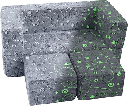 MeMoreCool Glow-in-The-Dark Dinosaur Modular Kids Play Couch — Convertible Foam Sofa for Toddlers, Multi-Configuration Climbing & Fort Building Furniture with Washable Covers, Gray