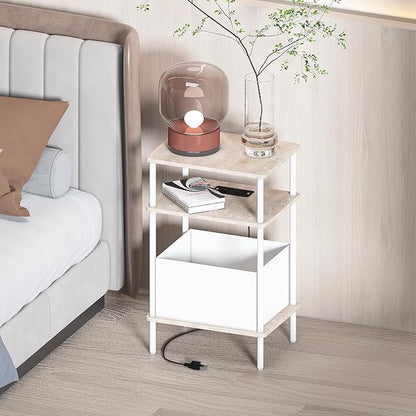 Small Side Table with Charging Station, Set of 2 End Table for Small Spaces, Slim Nightstand with Outlet,Sofa Beside Table, 3-Tier Storage Shelf,Living Room, Bed Room, Natrual Oak