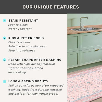 Washable Pink and Blue 8x10 Oushak Rugs for Bedroom Girls Dorm Living Room, Modern Floral Aethestic Distressed Design, Soft Faux Wool Low Pile Non Slip Stain Resistance Carpet