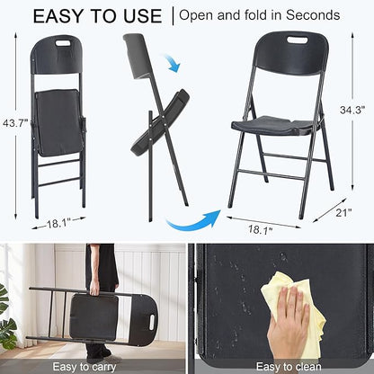 VECELO 4 Pack Folding Chairs, Indoor/Outdoor Use Plastic Seat with Steel Frame, for Events, Office, Wedding, Party, Stackable & Portable, Matte Black