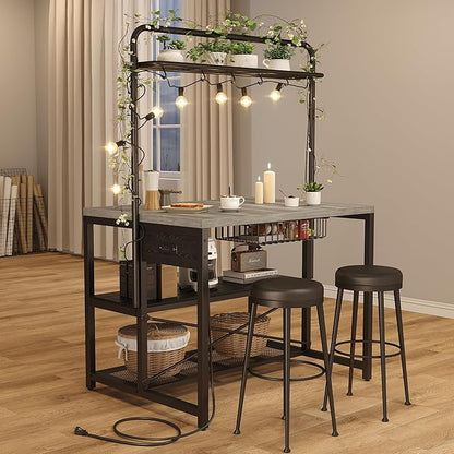 46" Large Kitchen Island Table Baker Rack with Power Outlet and 3-Tier Storage-Microwave Stand Oven Shelf, Metal Coffee Bar Table,Kitchen Storage Shelf for Dining Living Room, 5 Hooks,Grey