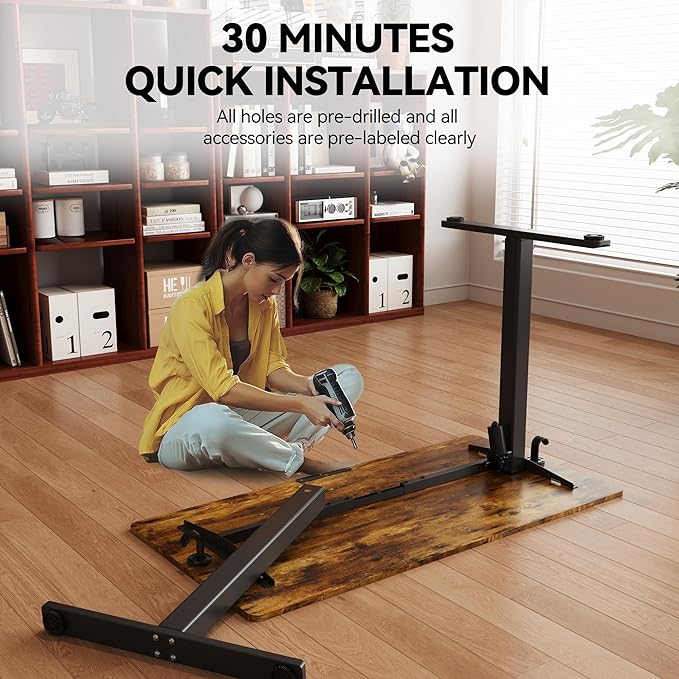 Electric Standing Desk Adjustable Height 55"x24" Stand Up Desk with Lockable Wheels Ergonomic Sit Stand Desk for for Work Office Home Computer Workstation (Rustic Brown)