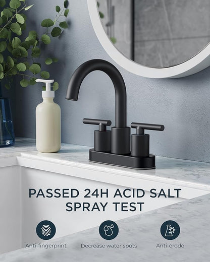 FORIOUS 4 Inch Centerset Bathroom Faucet Black 2 Hole, Two Handle Matte Black 4 Inch Faucet for Bathroom Sink Centerset with Metal Dain, Supply Line, and 360° Rotating Spout Rv Basin Tap