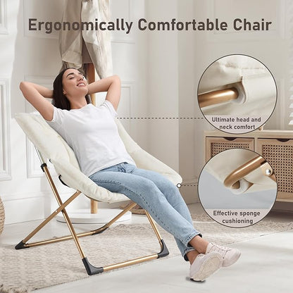 Comfy Oversized Saucer Chair, Soft Faux Fur Reading Lounge Chair for Adults, Stable X-Large Metal Frame and Non-Slip Pad, Foldable Cozy Chairs for Bedroom, Living Room, Dorm, Office, Beige