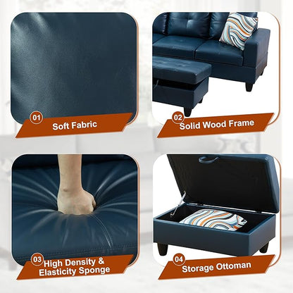 Osparple Sectional Couches for Living Room PU Leather L Shaped Couch 3 Pieces Modular Sectional Sofa with Storage Ottoman for Living Room and Small Apartment, Peacock Blue
