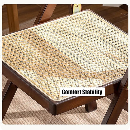 KISKIS Wooden Rattan Folding Chairs Portable Save Space Kitchen Dining Chair for Balcony Living Room, with Mesh Elastic Seat and Curved Back, 400LBS,2 Pack