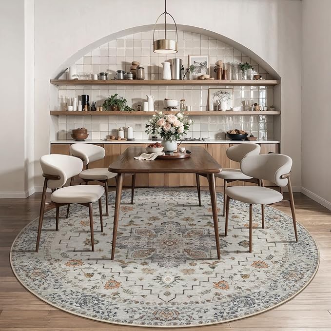 Tangsoo Vintage Round Rug 5ft, Washable Circle Rug, Non Slip Boho Round Area Rug, Low Pile Circular Rugs, Round Carpet for Bedroom,Livingroom,Nursery,Dorm,Office,Taupe
