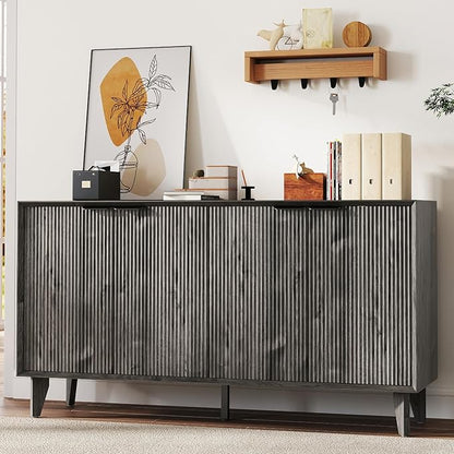 Fluted Cabinet with Storage, Buffet Storage with 4 Doors, Buffet Sideborad Accent Cabinet with Adjustable Shelves for Living Room, Kitchen, Entry, Hallway, Black&Grey