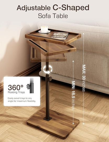 HOLANA Acacia Wood Adjustable C-Shaped Couch Table – 360° Swivel Side Table for Sofa - Small End Table for iPad, Laptop, or TV Tray – Eating Trays for Living Room or Bedside Use (Walnut)