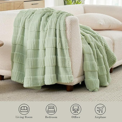 Amélie Home Luxury Striped Faux Fur Throw Blanket for Couch, Embossed Split Fur Cozy Fuzzy Fluffy Luxurious Soft Plush Sofa Chair Bed Gift Blankets for Women Men Wife Friend, 60"x80", Sage Green