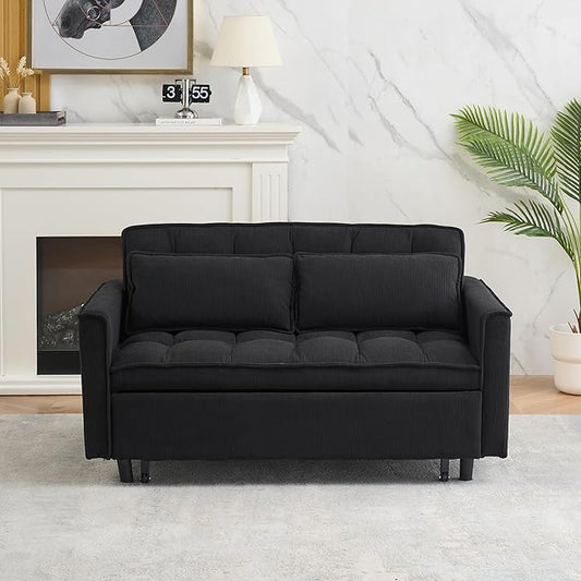 Ball & Cast 54" Convertible Sleeper Sofa Bed,Convertible Pull Out Couch with 2 Pillows,Adjustable Backrest & Side Pocket,Loveseat Futon Sofa Bed for Living Room,Apartment,Corduroy Fabric,Black