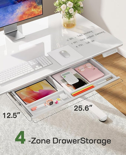 Marsail Glass Electric Standing Desk with Drawer, 48 x 24 Inches Height-Adjustable Desk, One-Piece Tempered Glass Top, Ergonomic Home Office Sit Stand Desk with 4 Preset Heights, White