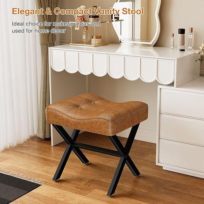 18-Inch Large Leather Vanity Stool, Vanity Chair with Metal X-Leg, Ottoman Foot Stool with Thick Padded Saddle Seat, Brown