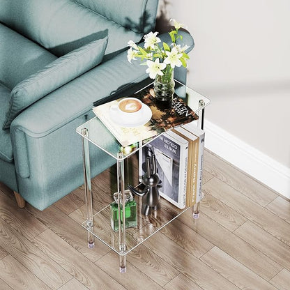 Clear Acrylic Narrow Side Table for Small Spaces, 15.75" L x 7.87" W x 19.82" H, 2 Tier Rectangle Slim End Table Nightstand, Small Skinny Bedside Table for Bedroom, Bathroom, Living Room