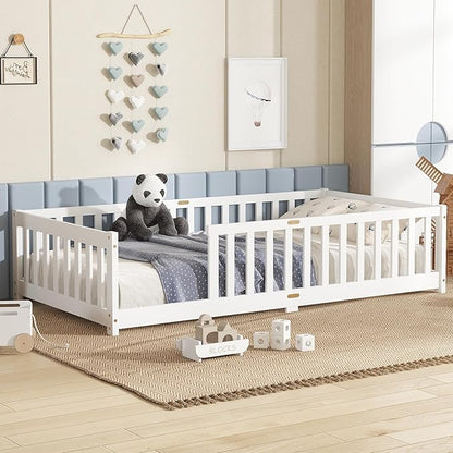 Bellemave Twin Floor Bed with Slats and Safety Guardrails, Kids Montessori Floor Beds with Fence and Without Door, Easy Assemble Floor Bed for Kids, Girls, Boys, White
