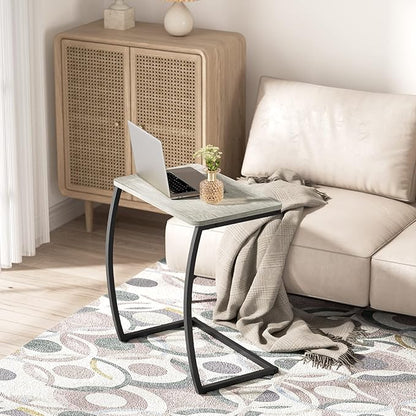 SRIWATANA Side Table, End Table, Vintage C-Shaped Couch Table for Sofa Laptop Coffee Snack, Light Grey