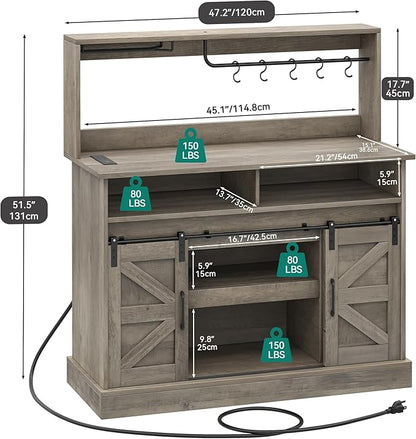 YITAHOME Buffet Cabinets with Storage, 47" Coffee Bar with Goblet Holder & Power Outlet, Farmhouse Sideboard Cabinets with Sliding Barn Doors for Kitchen, Living Room (Rustic Grey Oak)