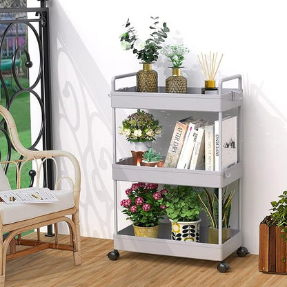 SOLEJAZZ 3 Tier Rolling Storage Cart with Wheels Slim Craft Nail Makeup Snack Art Baby Utility Cart Organizer on 2 Lockable Wheels for Bathroom Laundry Room Kitchen Bedside Narrow Spaces, Gray