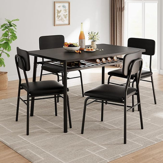 GAOMON 5-Piece Dining Table Set for 4, Wood Kitchen with Built-in Storage Rack,Small Kitchen Table with Upholstered Chairs and Metal Frame for Small Spaces, Black