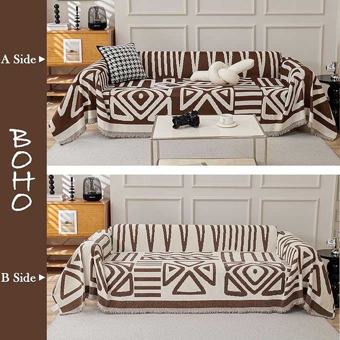 HANDONTIME Chocolate Boho Couch Cover Reversible Sofa Covers for 3 Cushion Couch Washable Couch Sofa Cover for Dogs Dark Couches Covers Chenille Sofa Protector Couch Covers for Sofa, 91" X118"