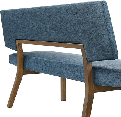 Armen Living Channell Mid Century Modern 5 Piece Walnut Wood Dining Table Set with Benches in Blue Fabric