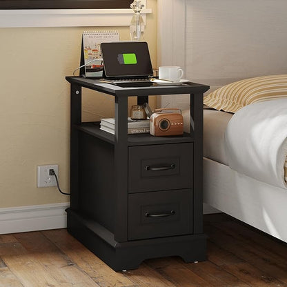 LINSY HOME End Table with Charging Station, Narrow Sofa Couch Side Table with Storage Drawers, Wooden Bedside Table for Living Room, Slim Nightstand for Small Space, Glass Top, Black
