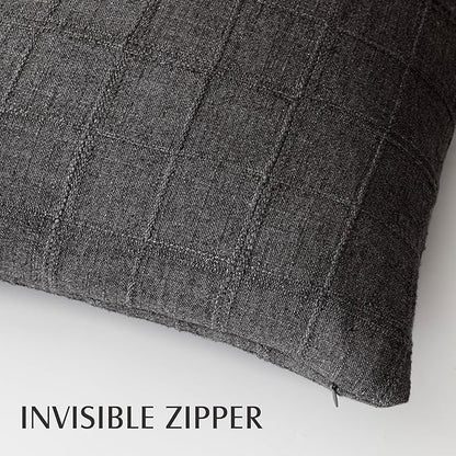 Foindtower Set of 2 Decorative Linen Check Throw Pillow Covers Neutral Farmhouse Vintage Cushion Covers Modern Boho Home Decor for Sofa Chair Couch Bedroom Living Room Outdoor,16×16 Inch,Charcoal