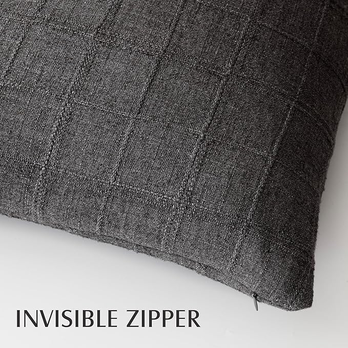 Foindtower Set of 2 Decorative Linen Check Throw Pillow Covers Neutral Farmhouse Vintage Cushion Covers Modern Boho Home Decor for Sofa Chair Couch Bedroom Living Room Outdoor,24×24 Inch,Charcoal