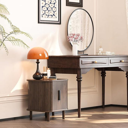 Fluted End Table with Sliding Tambour Door, Mid-Century Modern Bedside Table with Storage, Small Nightstand for Bedroom Living Room Side Table