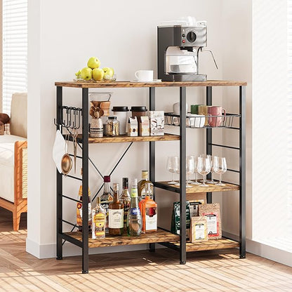IRONCK Industrial Kitchen Baker’s Rack, Kitchen Island Utility Storage Shelf, Coffee Bar Microwave Stand with 6 Hooks, Metal Frame, Simple Assembly, Vintage Brown