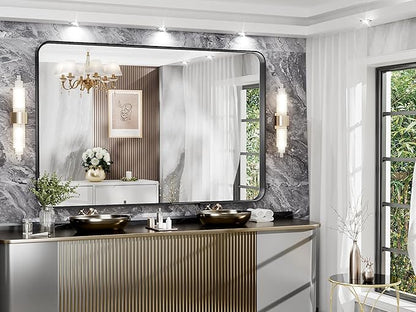 Hasipu Black Bathroom Mirror 59x39 Inch Rounded Rectangle Vanity Mirror Metal Framed Wall Mirrors Anti-Rust Surface Mount (Horizontal/Vertical)