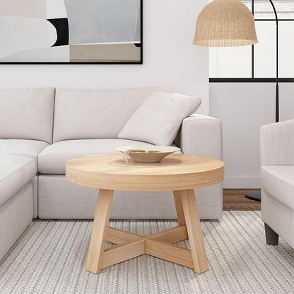 Plank+Beam Classic Round Coffee Table, 30 Inch Farmhouse Coffee Table, Rustic Mini Center Tables for Small Spaces, Small Living Space Tea Table, Blonde Wirebrush