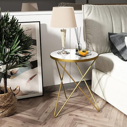 HLR Modern Round Side Table, End Table with Marble Effect Top and Gold Metal Frame, Small Side Table for Living Room, Bedroom, Sofa and Couch, Gold Legs, White Marble top