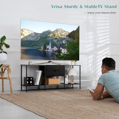 Vrisa TV Stand for 50/55 inch Television Entertainment Center with Storage Fabric Cabinet and Shelves Modern TV Console for Living Room Bedroom, Black+Grey