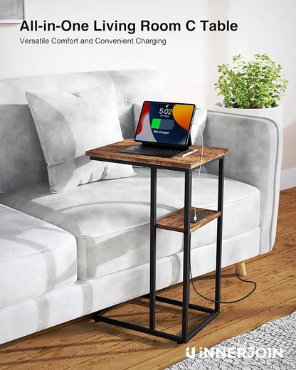 Innerjoin Side Table with Charging Station Set of 2, C Shaped End Table with LED Light Strip, Fast Charge Type C & USB Ports, Small Sofa Snack Laptop Side Table for Living Room Bedroom, Rustic Brown