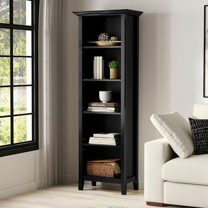 SIMPLIHOME Amherst Bookcase - 70 inch Tall 5-Shelf Solid Wood Bookshelf in Black, Transitional Storage for Living Room, Study Room or Office with Adjustable Shelves and Tapered Legs