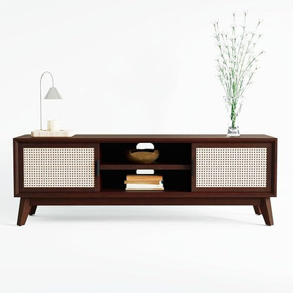 Bme Jasper Premium Solid Wood TV Stand, Under 10 Minutes Assembly (Legs Only), Aesthetic Rattan Doors, Bedroom, 65 inches, 64.6 x 17.7 x 21.65, Media Console - Walnut