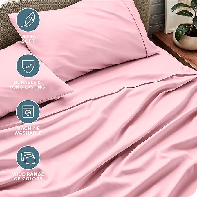 Bare Home Queen Sheet Set - Luxury 1800 Ultra-Soft Microfiber - Double Brushed - Deep Pockets - Easy Fit - 4 Piece Set - Bedding Sheets & Pillowcases (Queen, Light Pink)