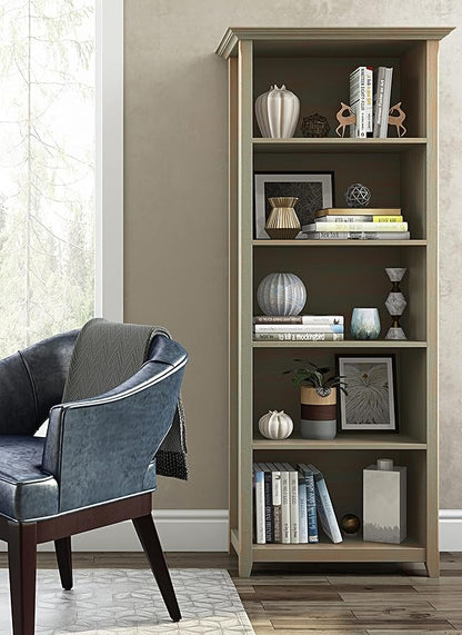 SIMPLIHOME Amherst Bookcase - 70 inch Tall 5-Shelf Solid Wood Bookshelf in Distressed Grey, Transitional Storage for Living Room, Study Room or Office with Adjustable Shelves and Tapered Legs