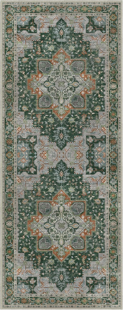 GENIMO 2x5 Runner Rugs for Hallway, Machine Washable Non Slip Vintage Rugs, Low Pile Lightweight Soft Print Rug for enrtyway, Corridor, Home Office, Kitchen,Pine Green