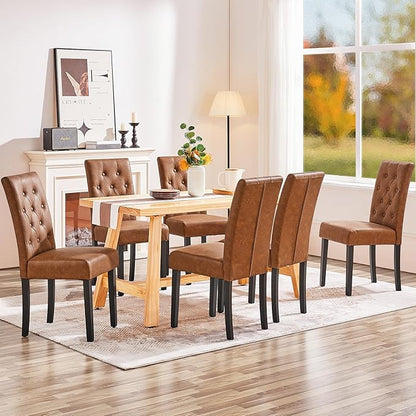 Yaheetech Dining Chairs Set of 2 Modern Style Faux Leather Dining Room Chairs with Solid Wood Legs and Button Tufted Padded for Home Kitchen, Retro Brown