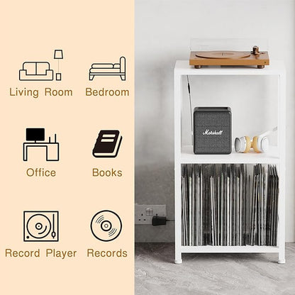 End Table with LED Light,Record Player Stand with Albums Storage,Vinyl Records Storage,Turntable Stand Side Table for Music Room Studio Living Room Bedroom-Rustic White
