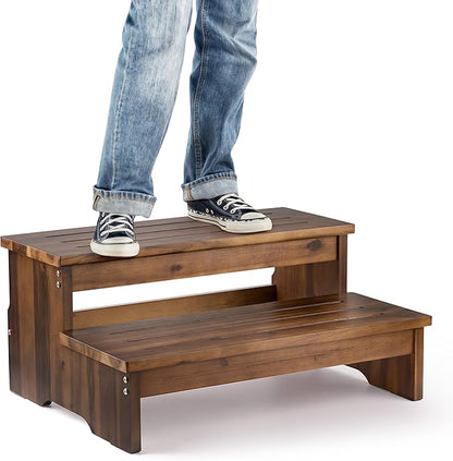 TINAMO 25" Acacia Bed Steps for High Beds for Adult 500 Lbs - 2-Step Wood Step Stool - Wooden Step Stool for Bed - Heavy Duty Hot Tub Steps & Hot Tub Stairs - Pool Ladder Above Ground (Walnut Color)