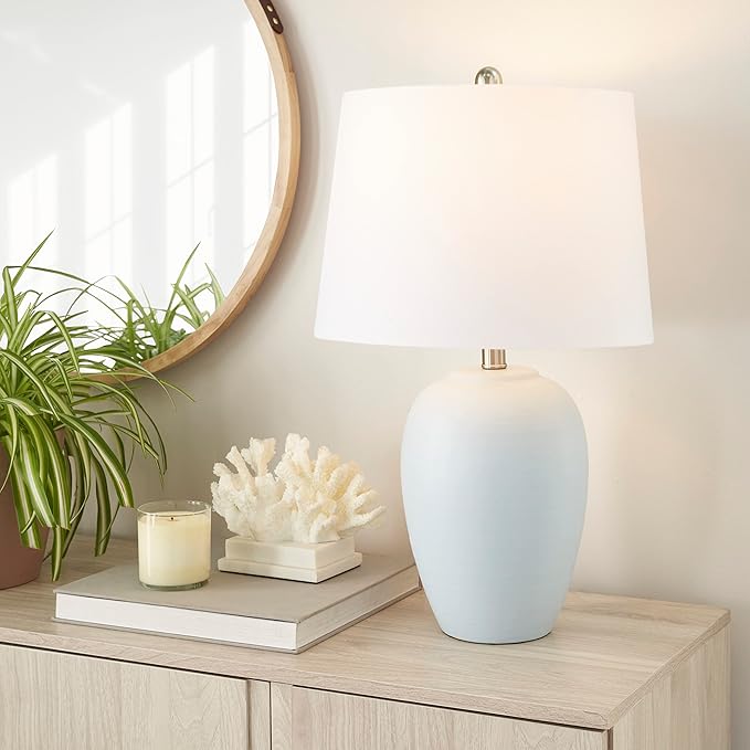 Nourison 23" Coastal Blue Ceramic Pot Table Lamp for Bedroom, Living Room, Dining Room, Entryway, with White Shade, Set of 2 Lamps