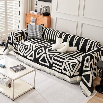 STACYPIK Modern Boho Sofa Cover for Dogs Chenille Couch Cover with Tassels Reversible Anti Slip Sofa Slipcover for 3 Cushion Couch Soft Black Beige L Shaped Cover Multi-Use Throw Blankets-71X134IN
