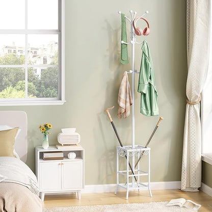 Hoctieon Coat Rack Freestanding, Coat Tree with Umbrella Holder, Metal Coat Rack Stand with 12 Hooks, Standing Coat Hanger Stand, Umbrella Stand for Entryway, Hat Rack Stand for Home Office, White