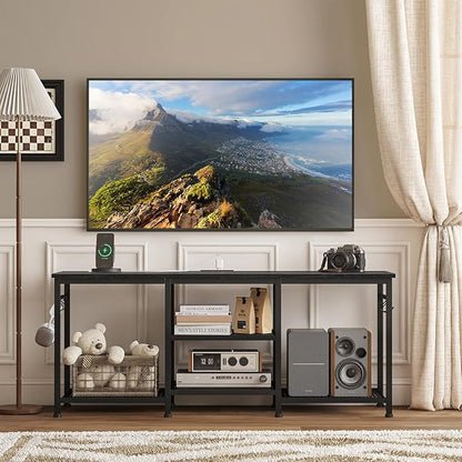 YGEOMER Entertainment Center for 55 inch TVs, TV Stand with Power Outlet and Open Storage Shelves, TV Media Console Table for Living Room and Bedroom,Black